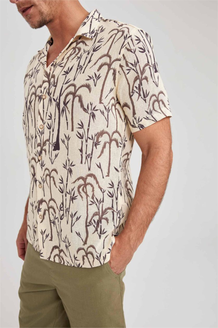 MAN Beige Modern Fit Resort Neck Woven Printed Short Sleeve Shirt