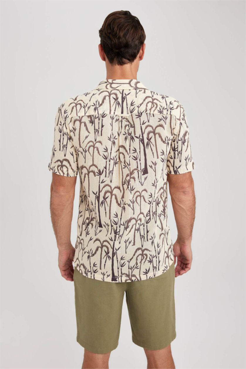 MAN Beige Modern Fit Resort Neck Woven Printed Short Sleeve Shirt