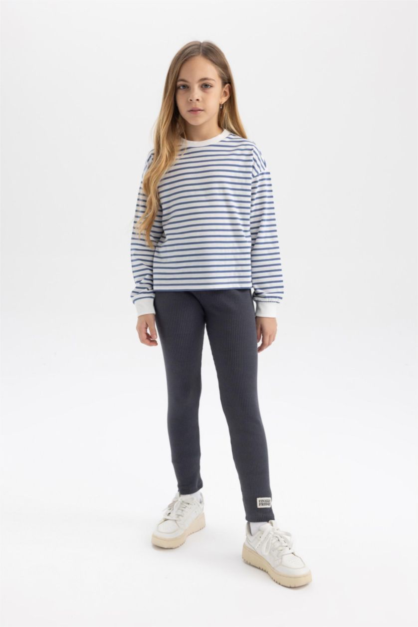 Kız Çocuk - Genç Kız Mavi Kız Çocuk Çizgili Bisiklet Yaka Penye Uzun Kollu Tişört