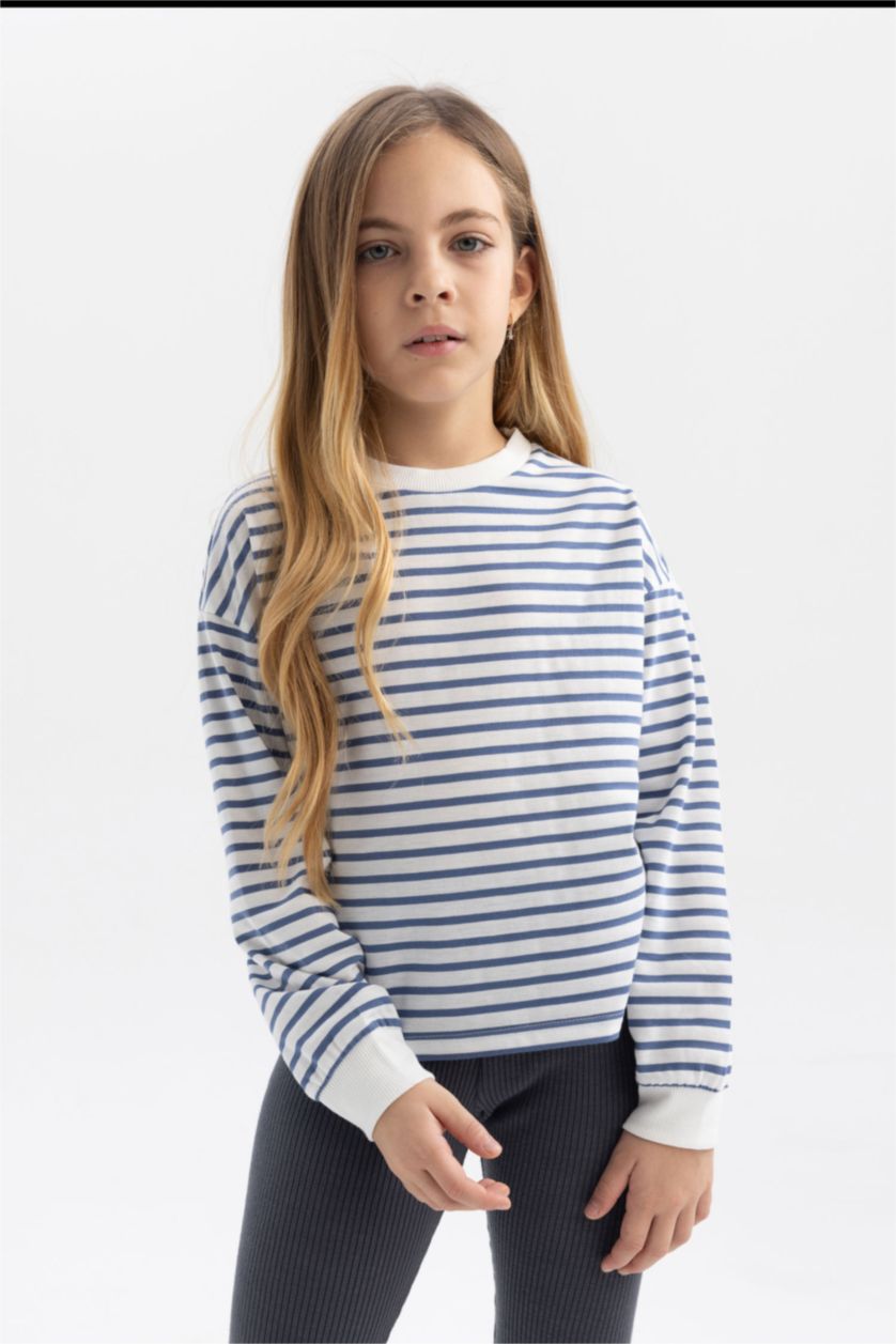 Kız Çocuk - Genç Kız Mavi Kız Çocuk Çizgili Bisiklet Yaka Penye Uzun Kollu Tişört