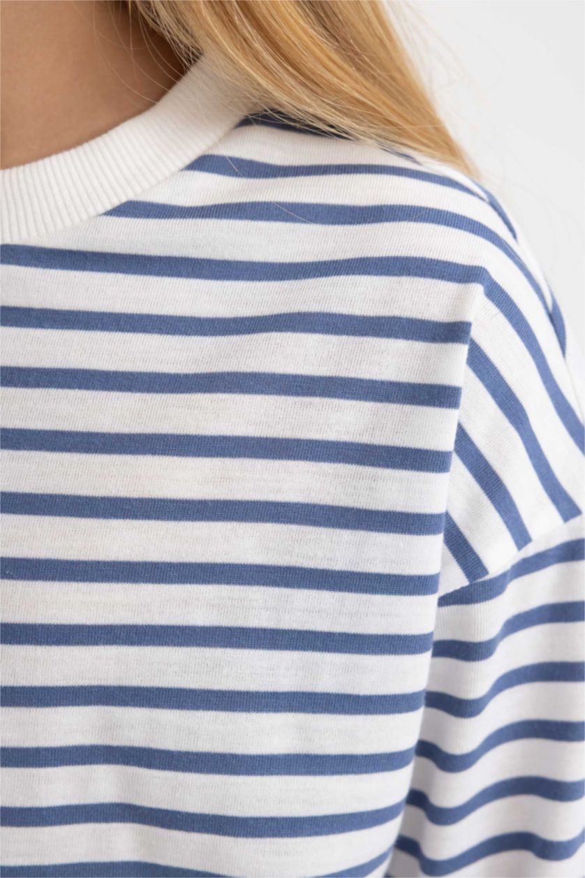 Kız Çocuk - Genç Kız Mavi Kız Çocuk Çizgili Bisiklet Yaka Penye Uzun Kollu Tişört