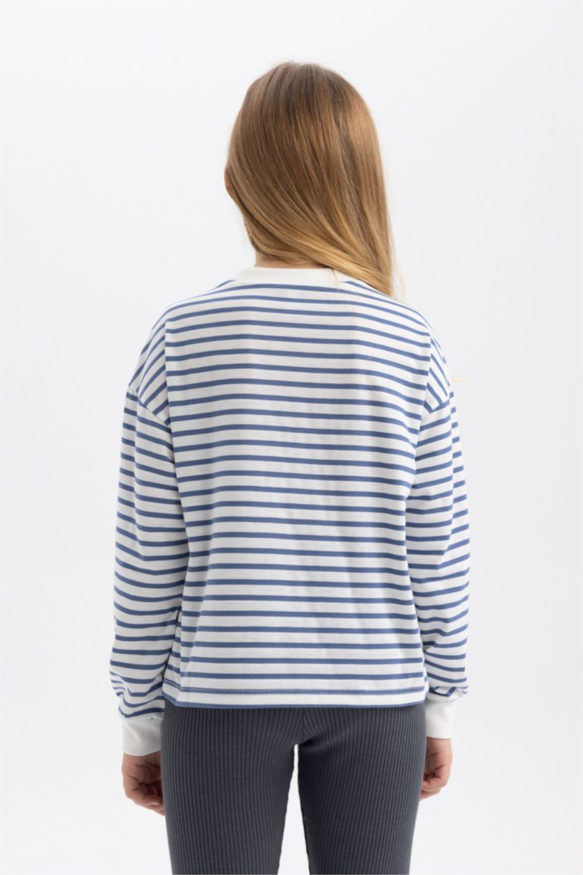 Kız Çocuk - Genç Kız Mavi Kız Çocuk Çizgili Bisiklet Yaka Penye Uzun Kollu Tişört