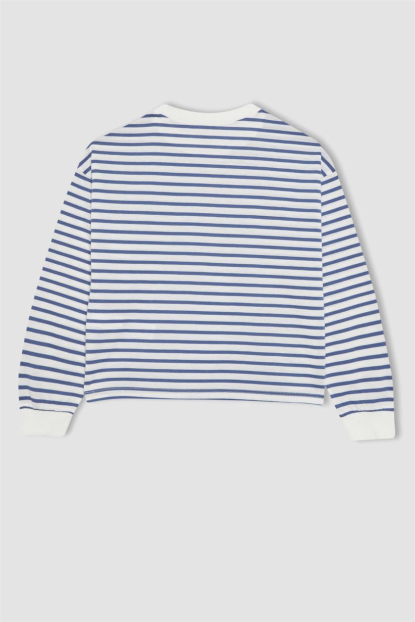 Kız Çocuk - Genç Kız Mavi Kız Çocuk Çizgili Bisiklet Yaka Penye Uzun Kollu Tişört