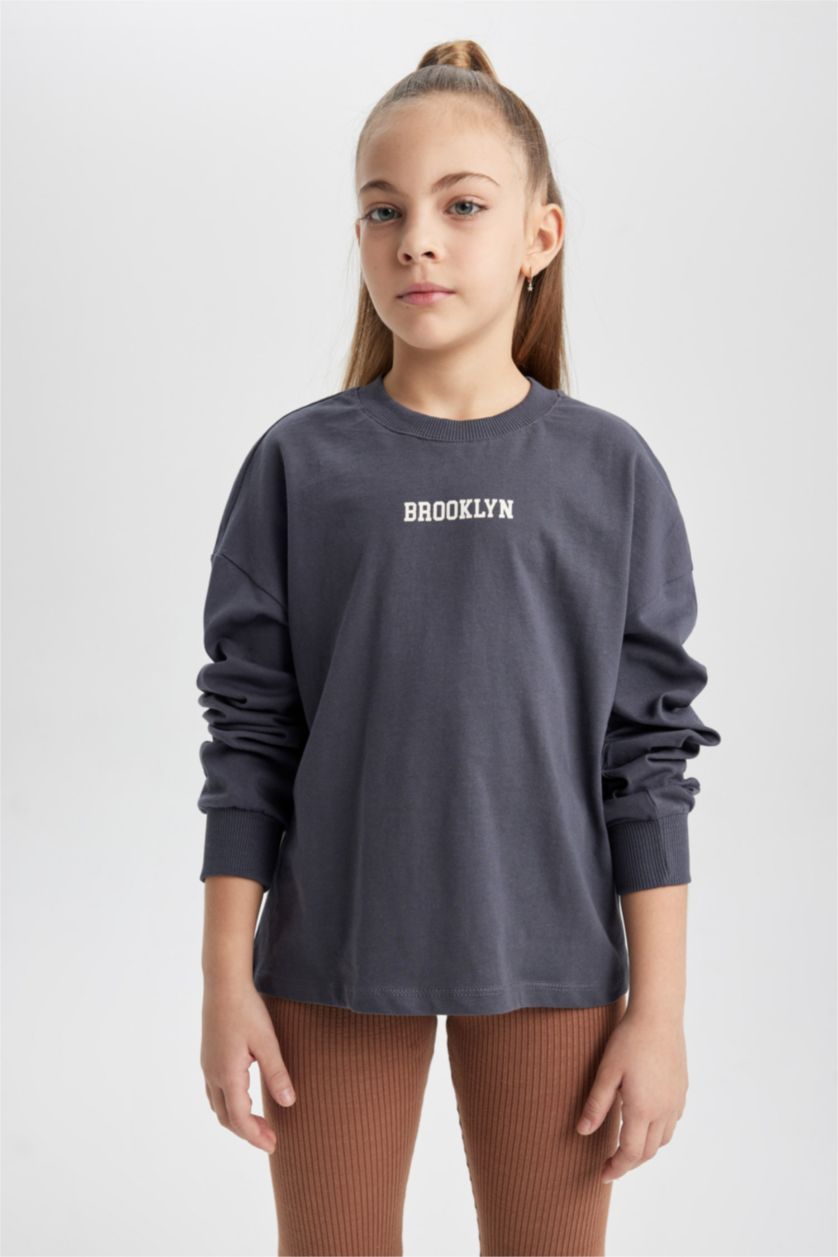 GIRLS & TEENS Anthracite تيشيرت كم طويل قصة عادية