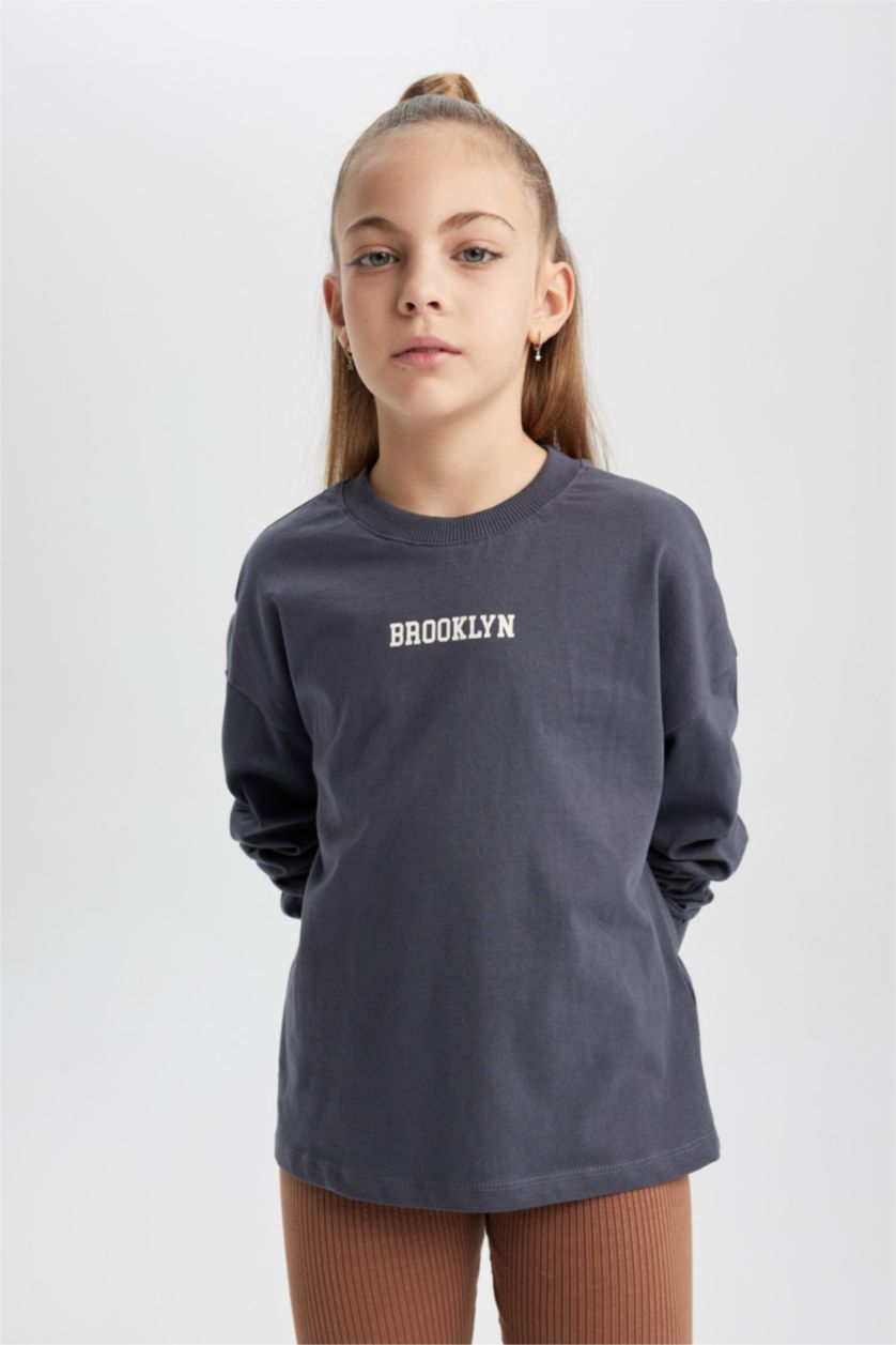GIRLS & TEENS Anthracite تيشيرت كم طويل قصة عادية