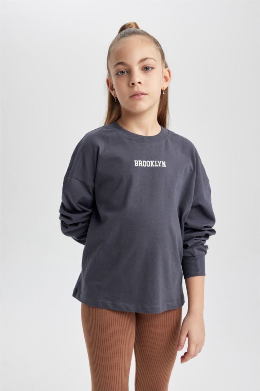 GIRLS & TEENS Anthracite تيشيرت كم طويل قصة عادية