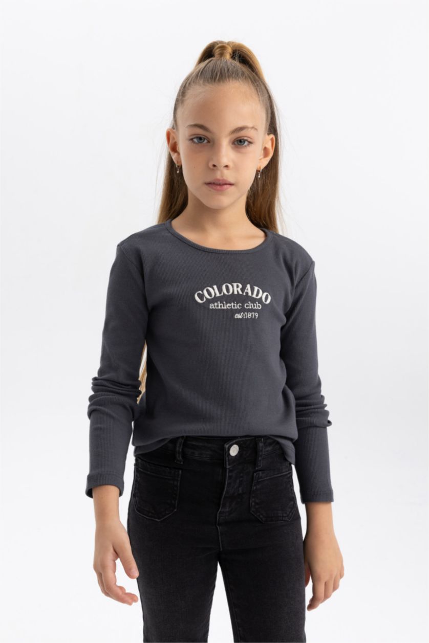 Young Girls - Teen Girls Anthracite Girl Regular Fit Crew Neck Ribbed Camisole T-Shirt