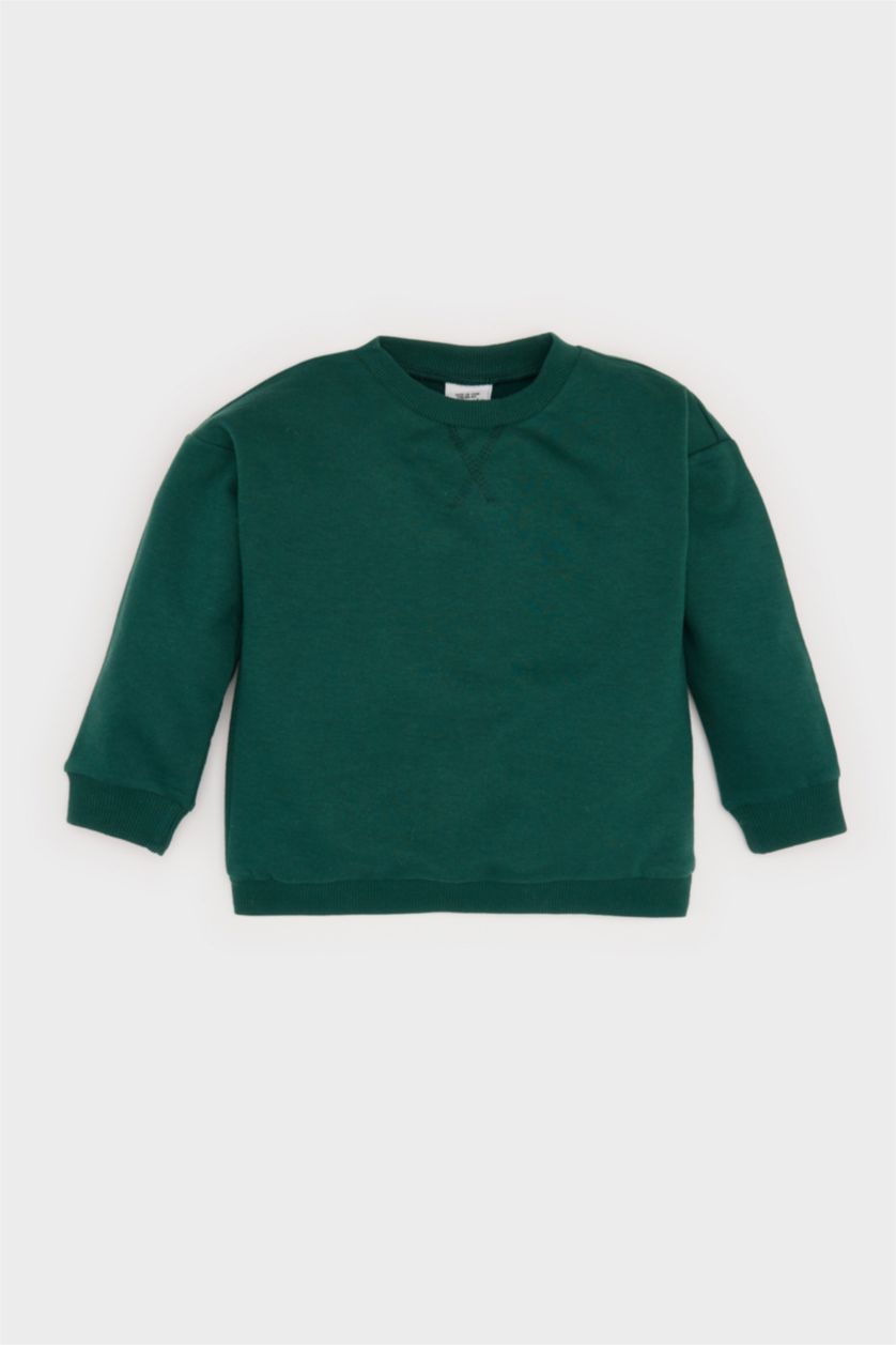 Erkek Bebek Koyu Yeşil Erkek Bebek Bisiklet Yaka İçi Yumuşak Tüylü Basic Düz Sweatshirt