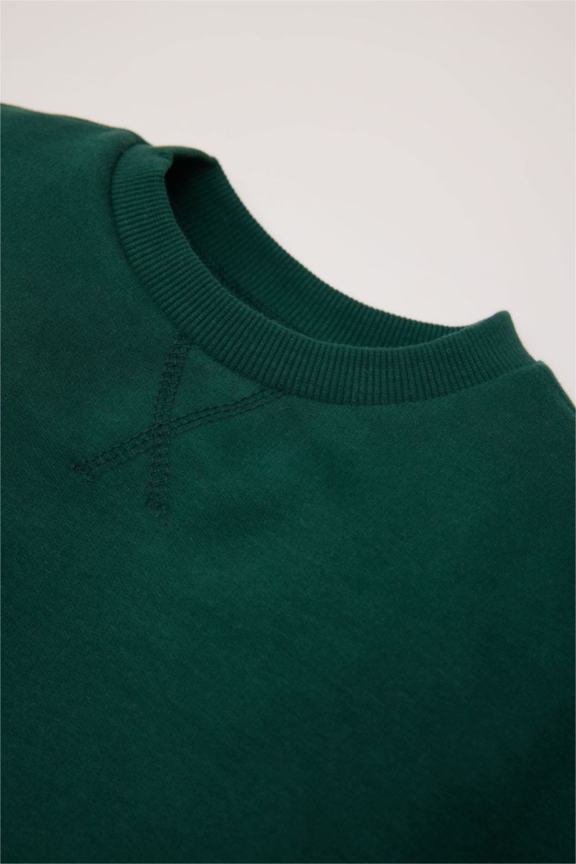 Erkek Bebek Koyu Yeşil Erkek Bebek Bisiklet Yaka İçi Yumuşak Tüylü Basic Düz Sweatshirt