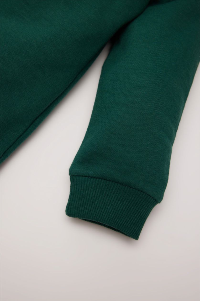 Erkek Bebek Koyu Yeşil Erkek Bebek Bisiklet Yaka İçi Yumuşak Tüylü Basic Düz Sweatshirt