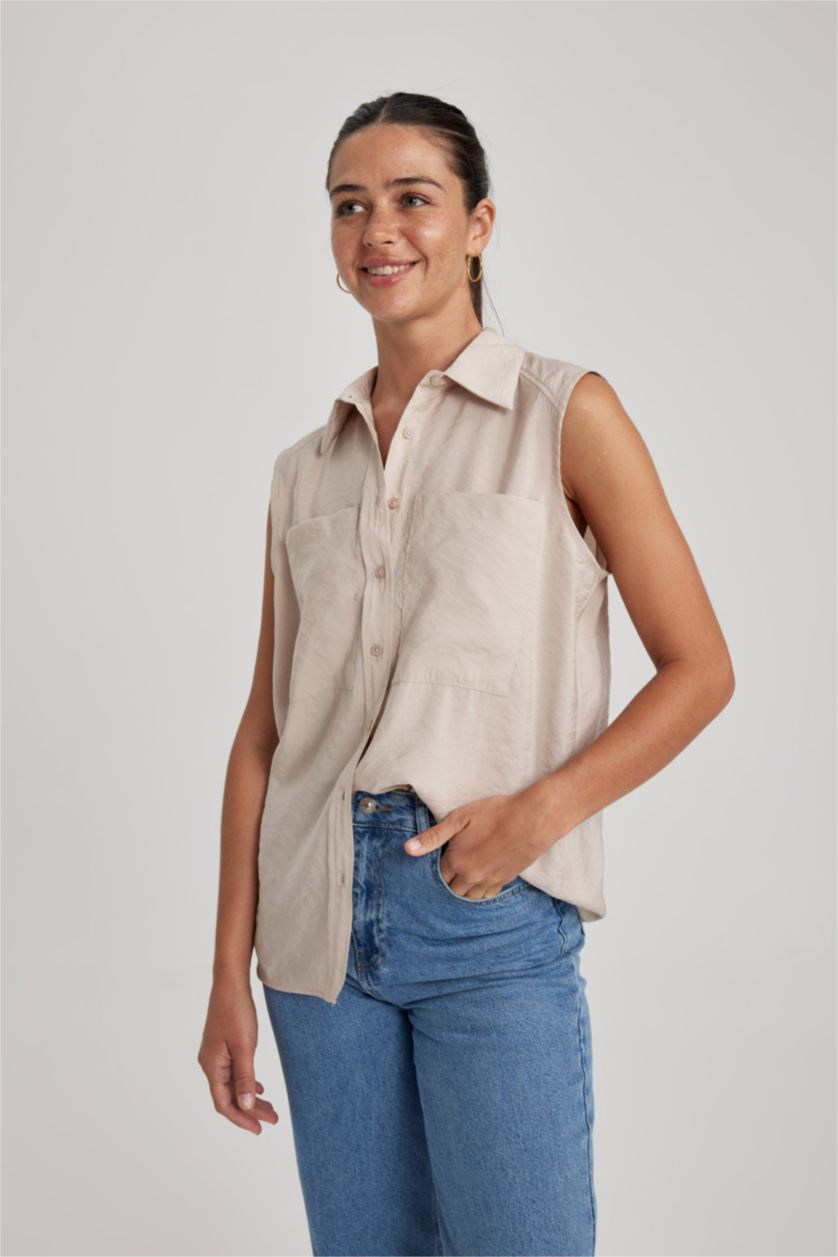 FEMME Beige Chemises sans manches Modal Col De Chemise Avec Poche