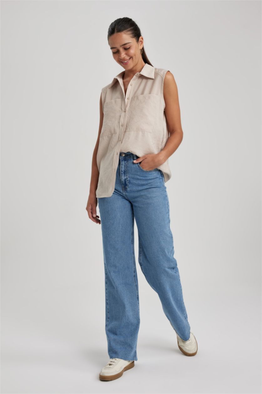 FEMME Beige Chemises sans manches Modal Col De Chemise Avec Poche