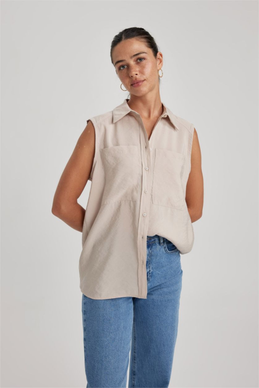 FEMME Beige Chemises sans manches Modal Col De Chemise Avec Poche