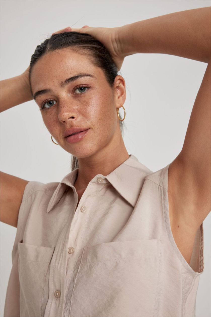 FEMME Beige Chemises sans manches Modal Col De Chemise Avec Poche