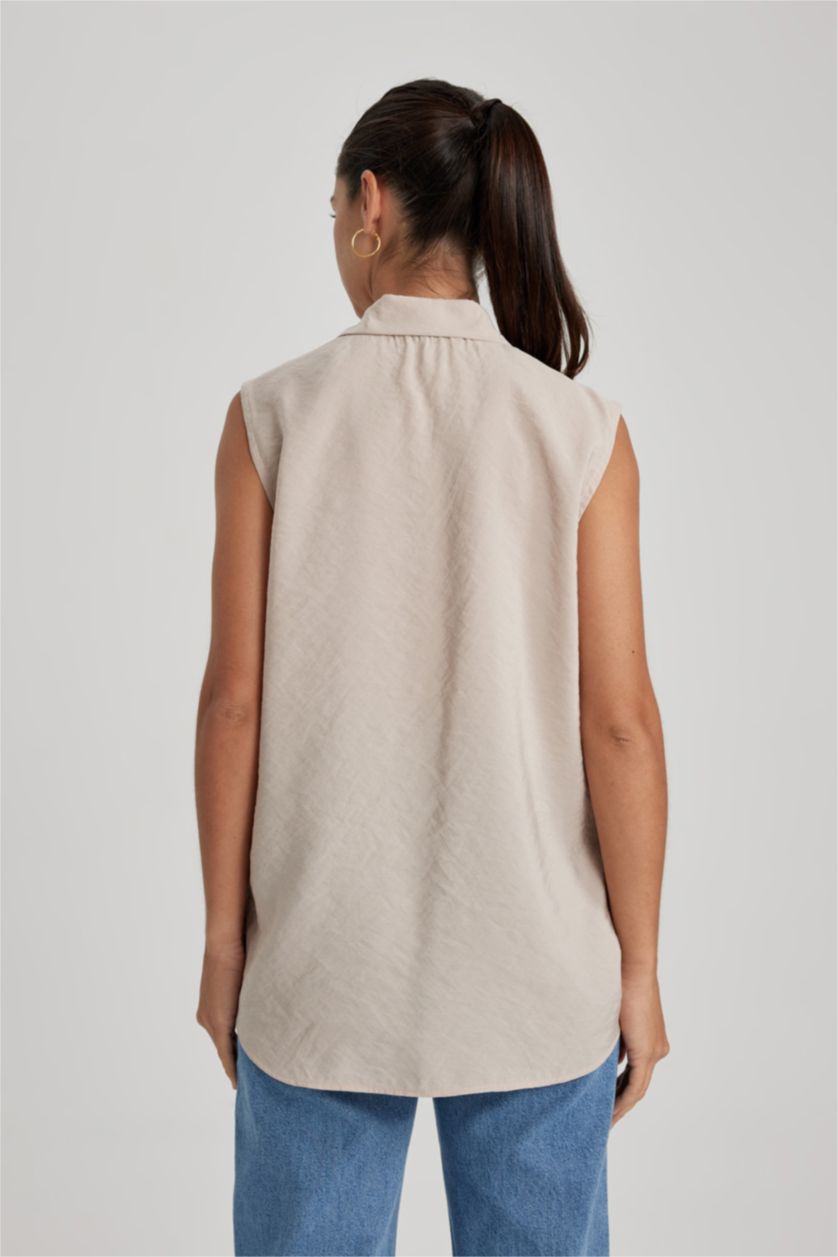 FEMME Beige Chemises sans manches Modal Col De Chemise Avec Poche