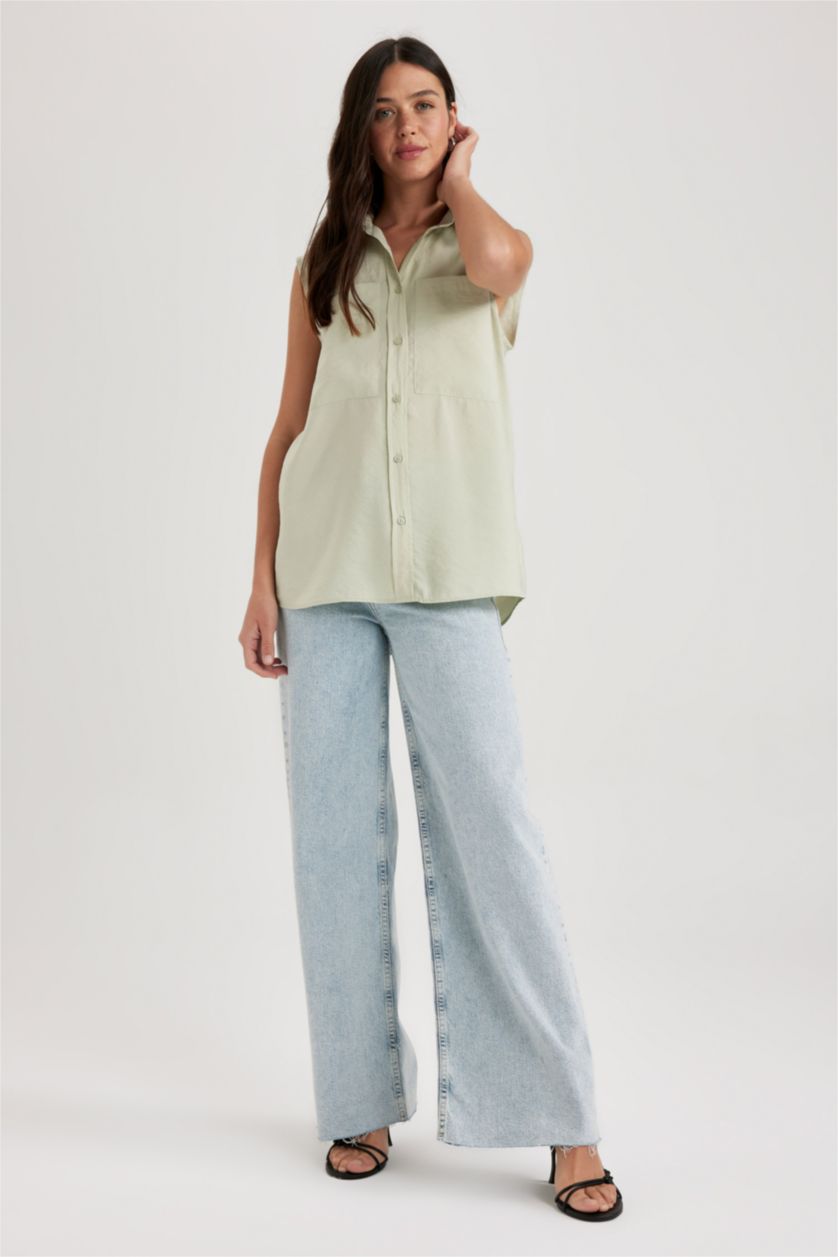 FEMME Bleu Chemises sans manches Modal Col De Chemise Avec Poche