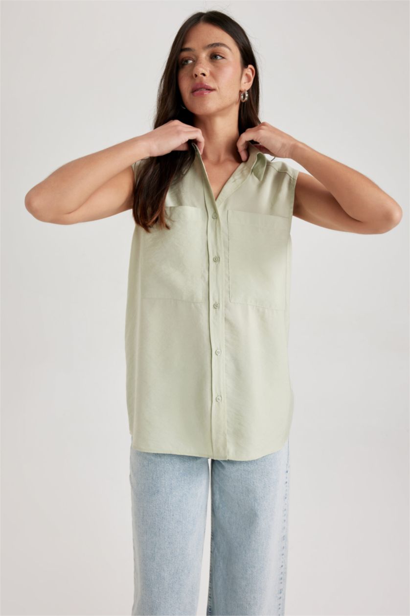 FEMME Bleu Chemises sans manches Modal Col De Chemise Avec Poche