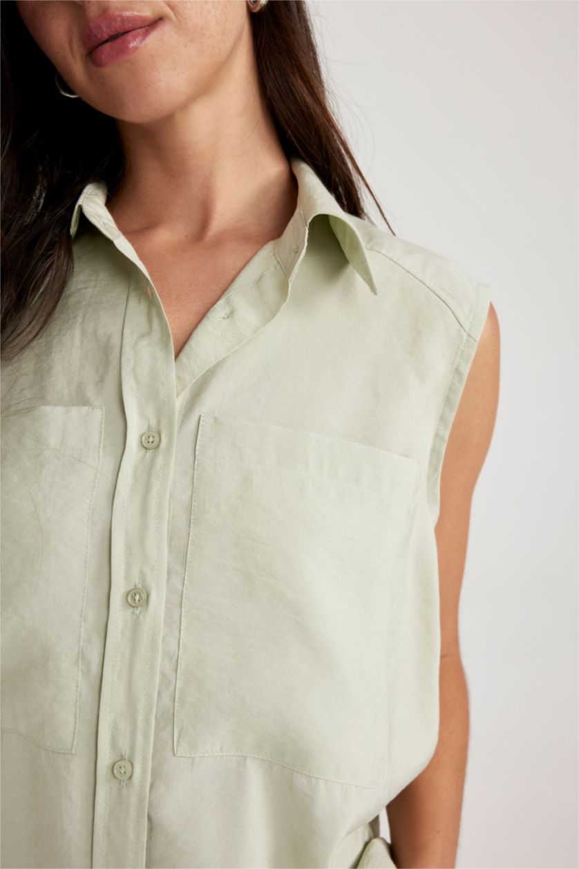 FEMME Bleu Chemises sans manches Modal Col De Chemise Avec Poche