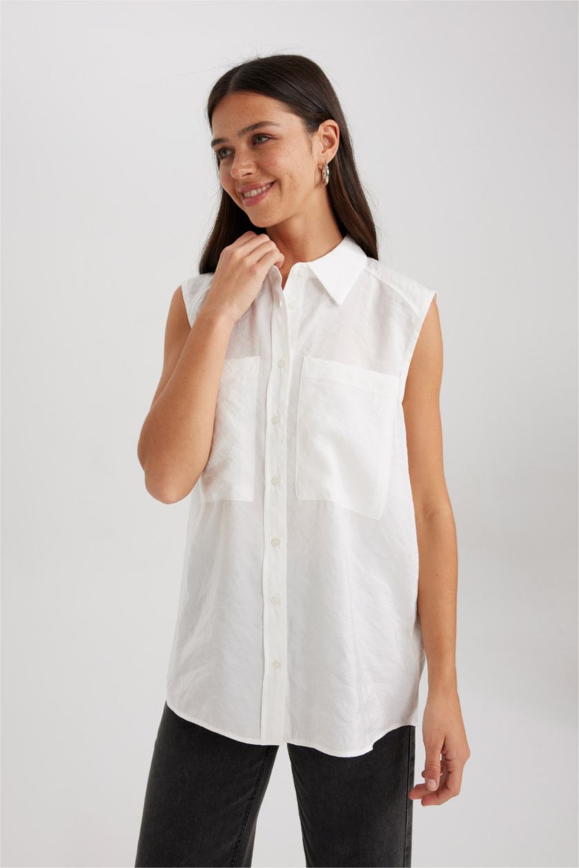FEMME Blanc Chemises sans manches Modal Col De Chemise Avec Poche