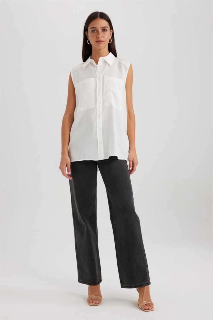 FEMME Blanc Chemises sans manches Modal Col De Chemise Avec Poche