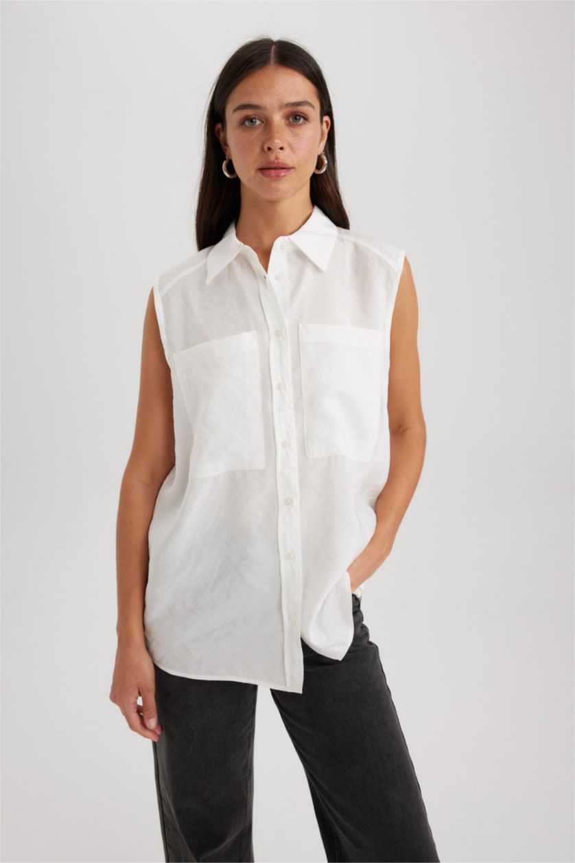 FEMME Blanc Chemises sans manches Modal Col De Chemise Avec Poche