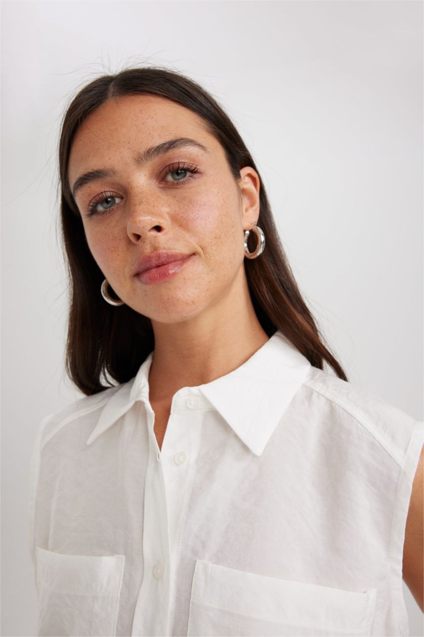 FEMME Blanc Chemises sans manches Modal Col De Chemise Avec Poche