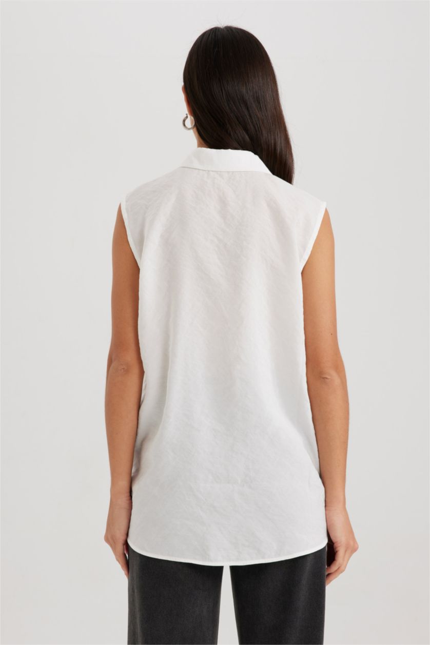 FEMME Blanc Chemises sans manches Modal Col De Chemise Avec Poche