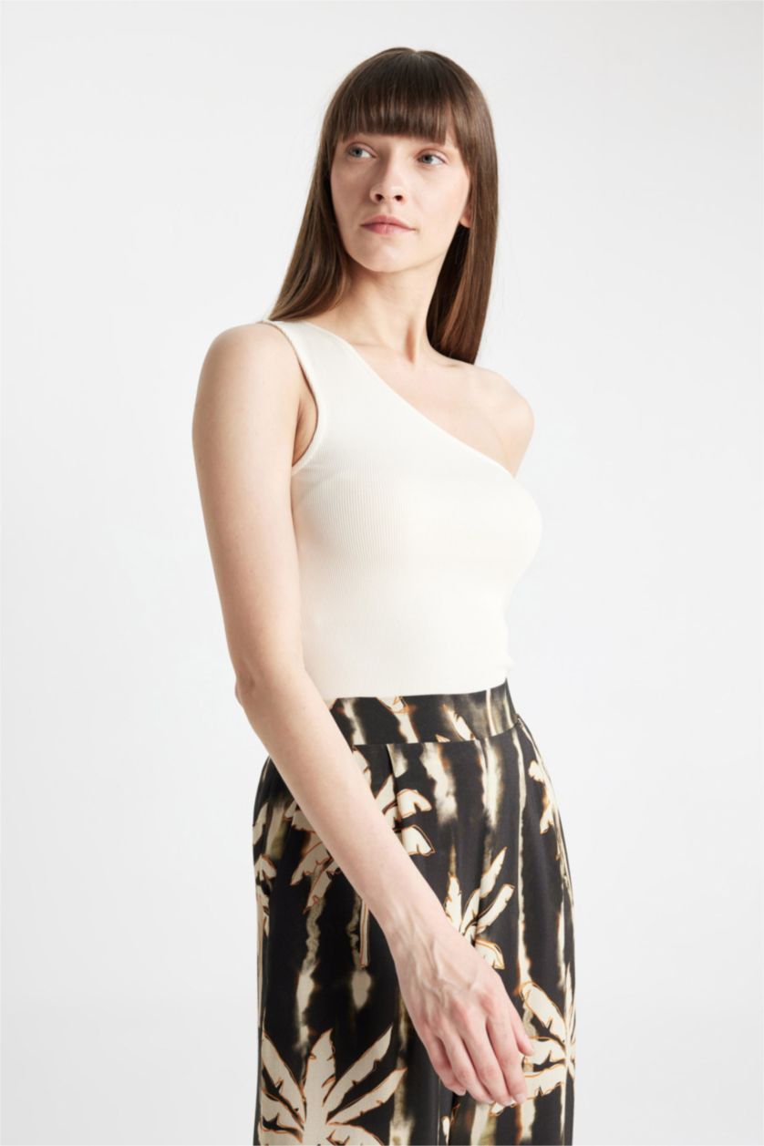 WOMAN Light Stone Slim Fit One Shoulder Ribbed Camisole Crop Top