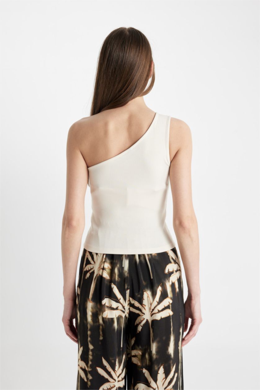 WOMAN Light Stone Slim Fit One Shoulder Ribbed Camisole Crop Top