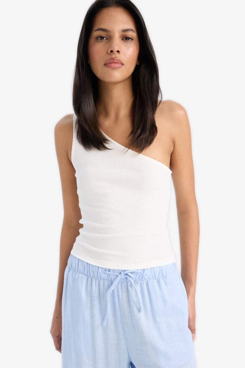 Kadın Ekru Slım Fıt Tek Omuzlu Fitilli Kaşkorse Atlet