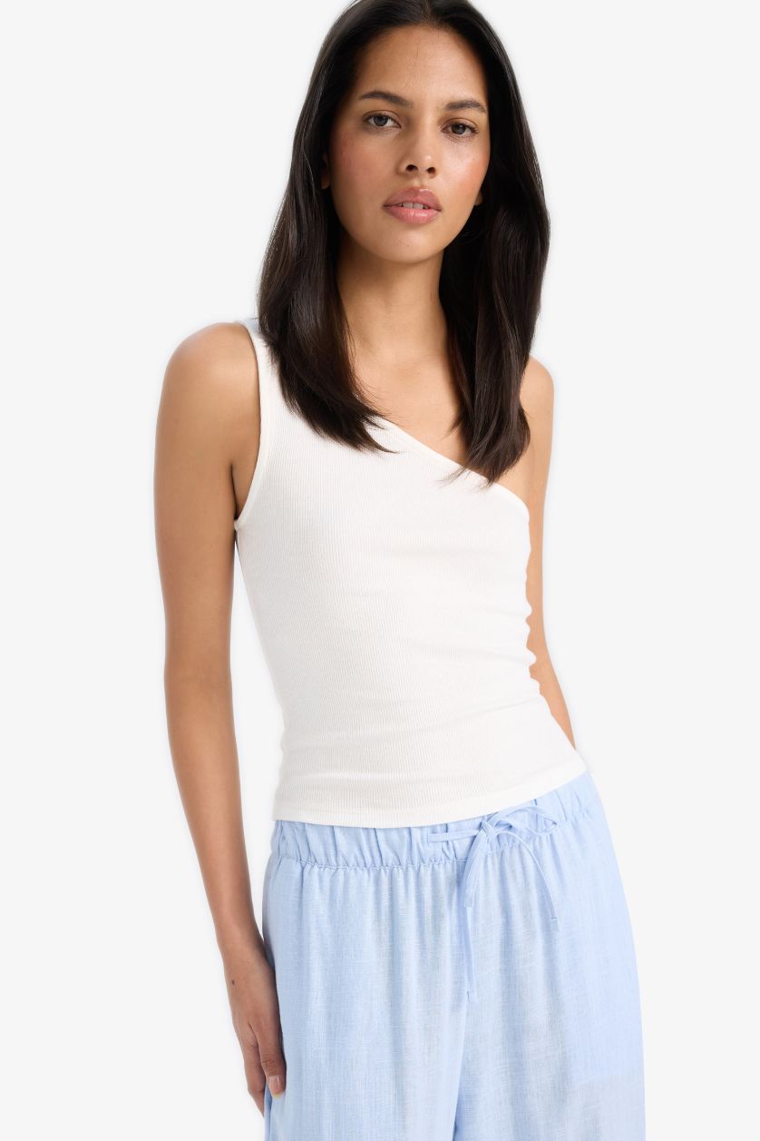 Kadın Ekru Slım Fıt Tek Omuzlu Fitilli Kaşkorse Atlet