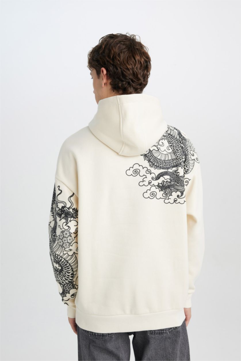 Erkek Kum Oversize Geniş Kalıp Kapüşonlu Baskılı Sweatshirt