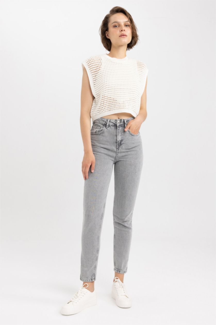 WOMAN Grey Mom Fit Jean Ankle Length  Cotton Trousers