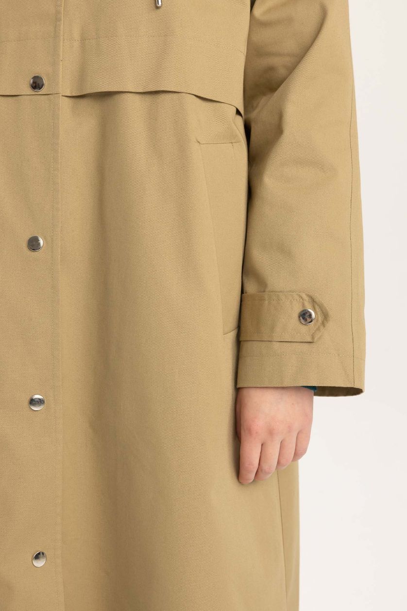 Kadın Camel Su İticiUzun Trençkot  Oversize Geniş Kalıp Çıkarılabilir Kapüşonlu Beli Bağcıklı 