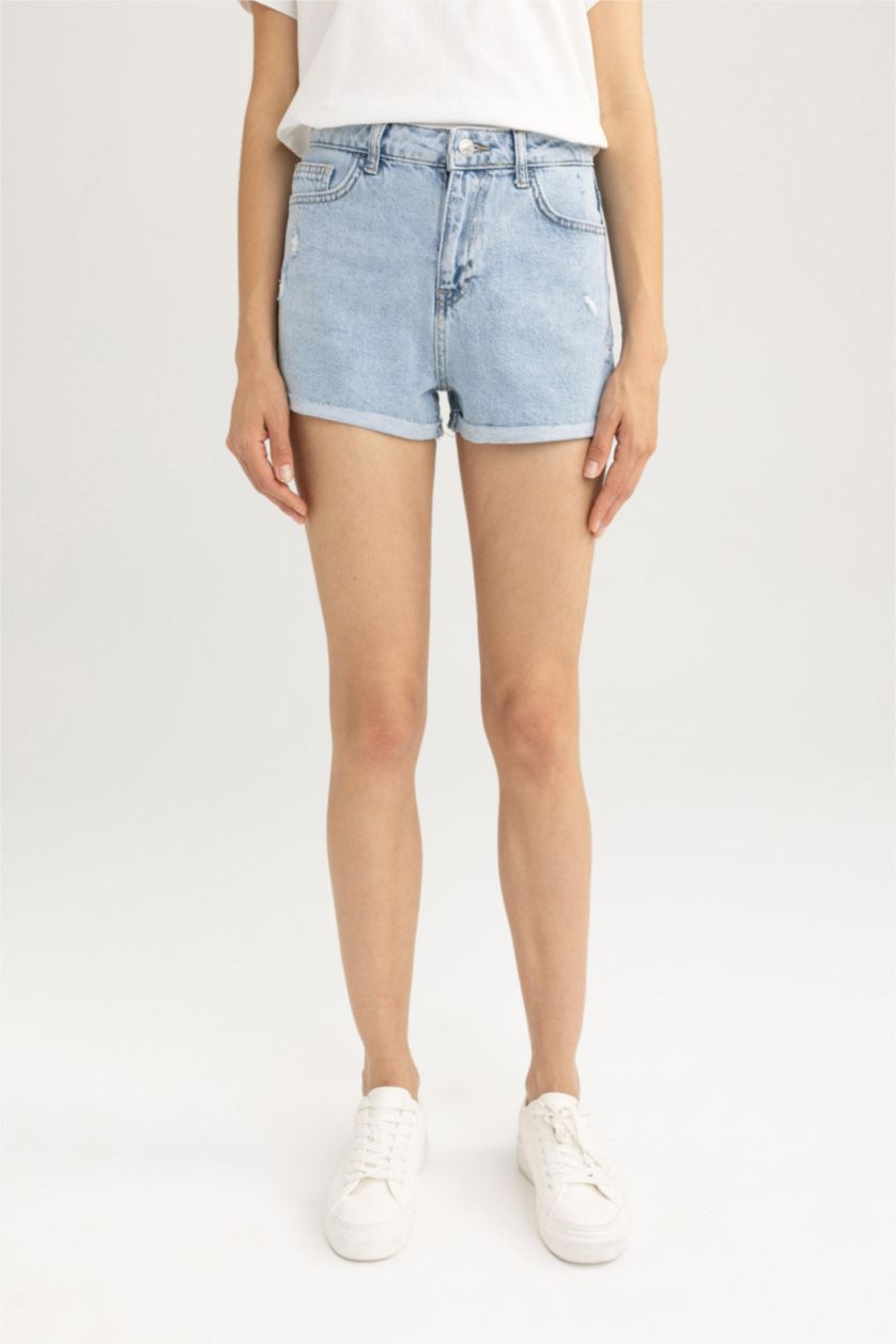 FEMME Bleu Short Coton Taille Haute