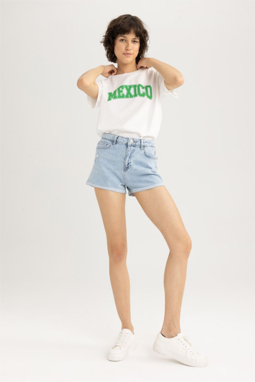 FEMME Bleu Short Coton Taille Haute