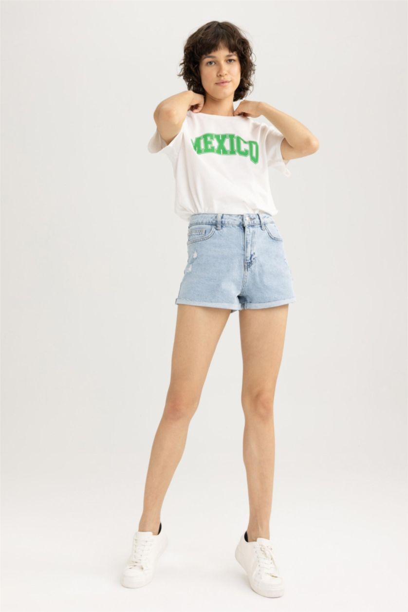 FEMME Bleu Short Coton Taille Haute