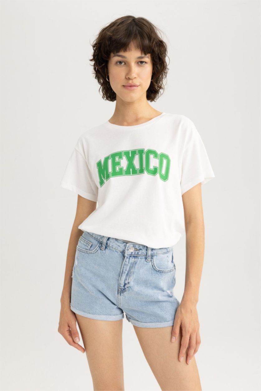 FEMME Bleu Short Coton Taille Haute