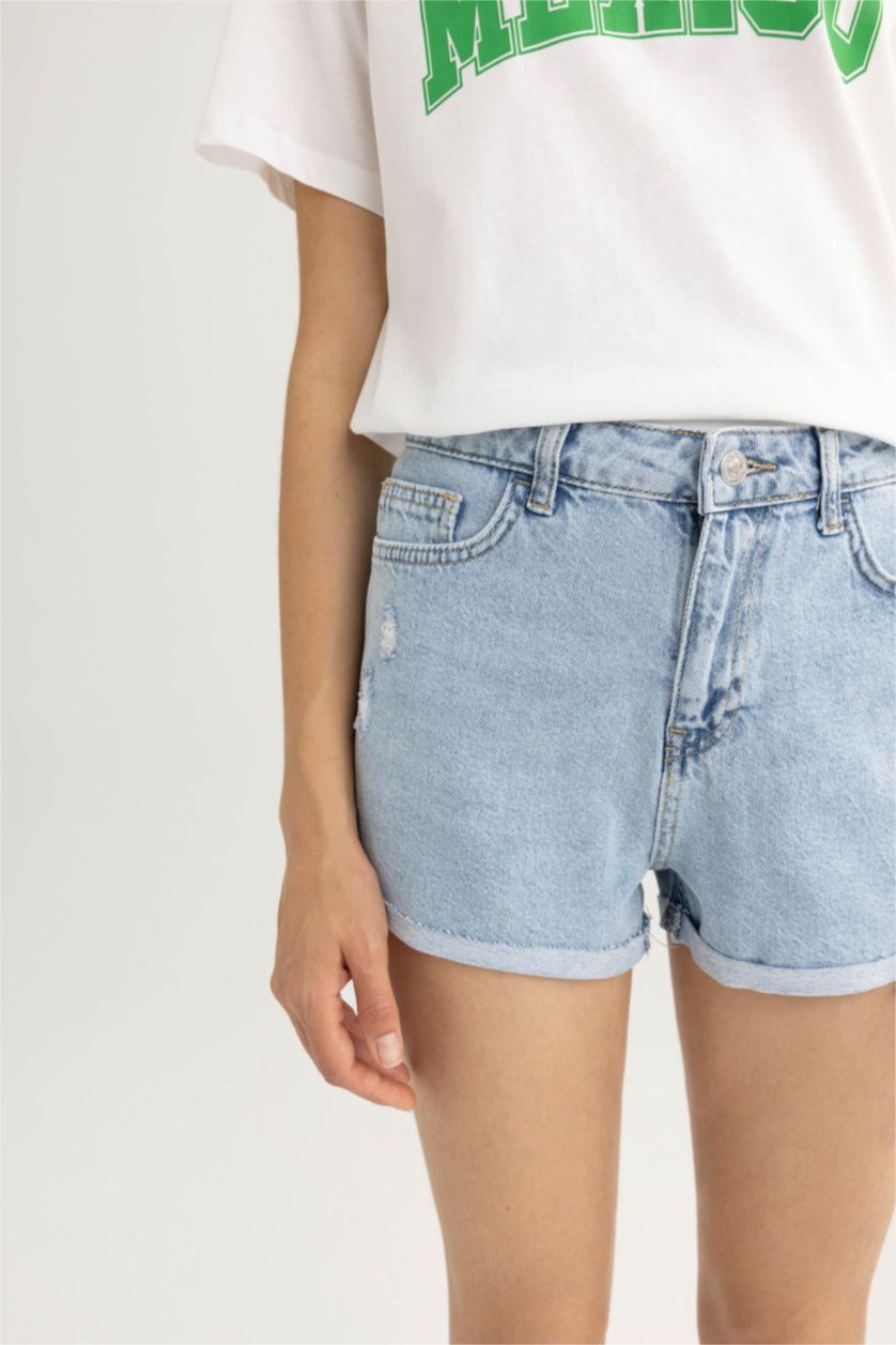 FEMME Bleu Short Coton Taille Haute