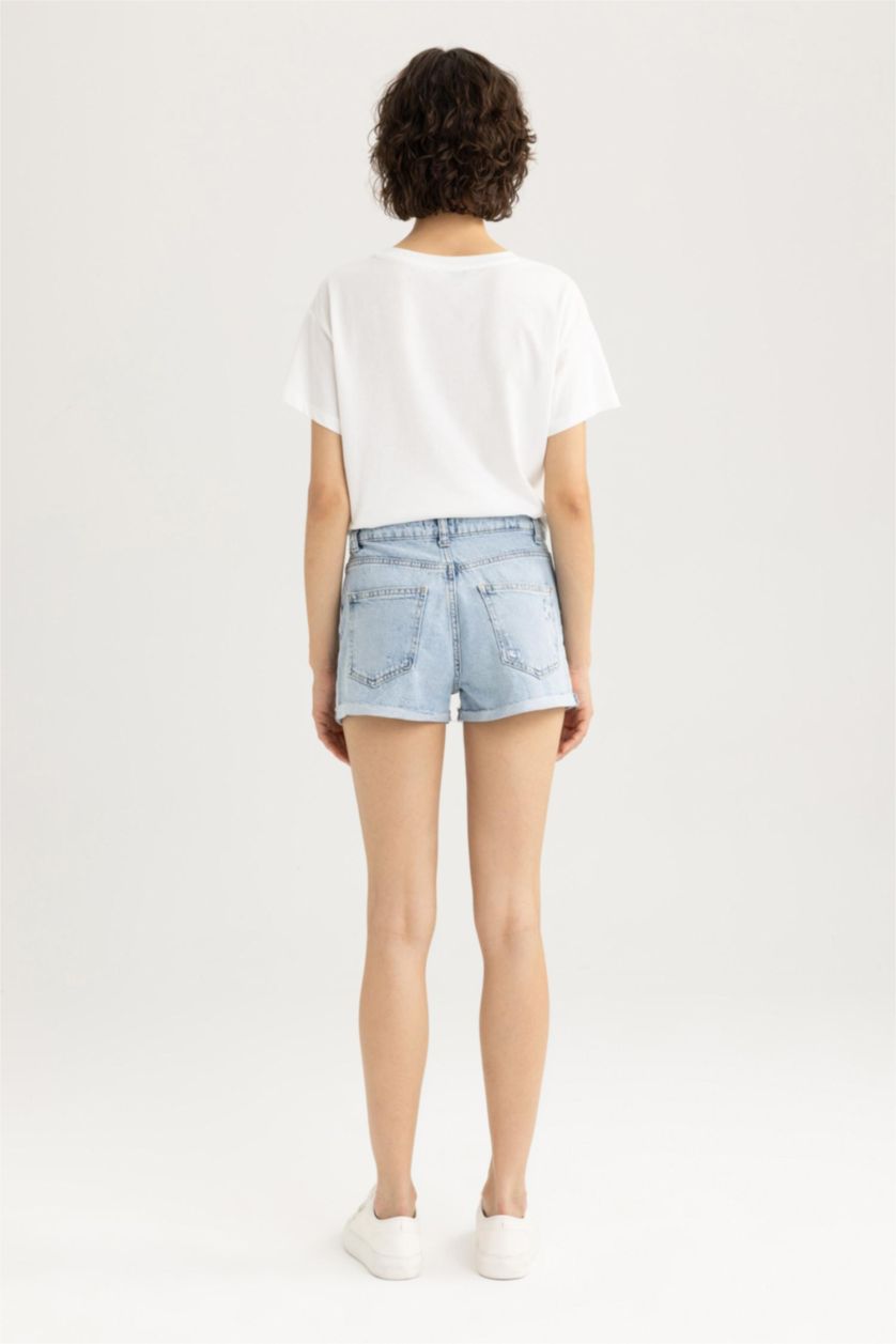 FEMME Bleu Short Coton Taille Haute