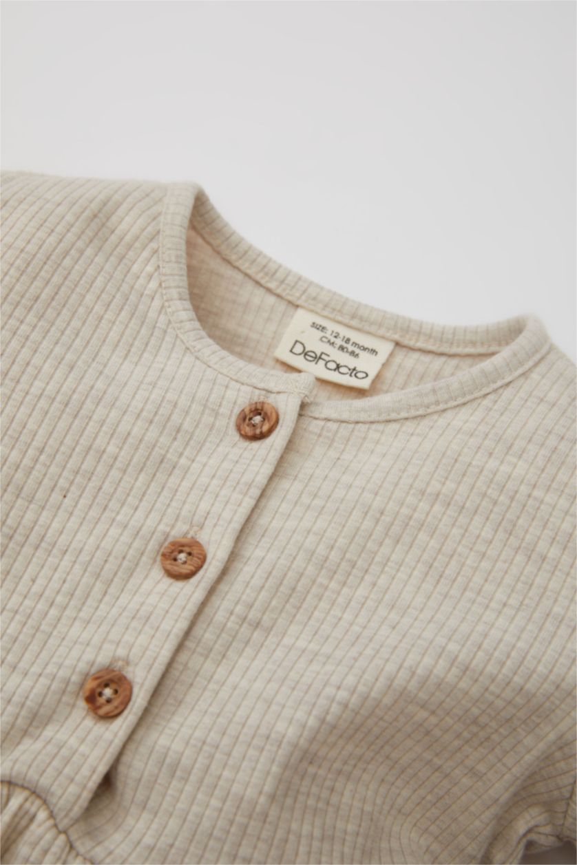 Kız Bebek Bej Kız Bebek Bisiklet Yaka Fitilli Kaşkorse Uzun Kollu Basic Düz Elbise