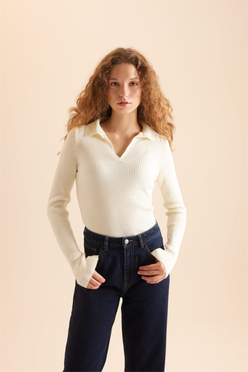 Women Ecru Slim Fit Ribana Pullover