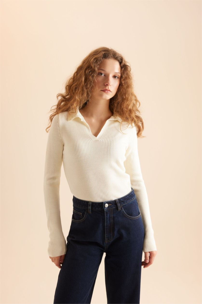 Women Ecru Slim Fit Ribana Pullover