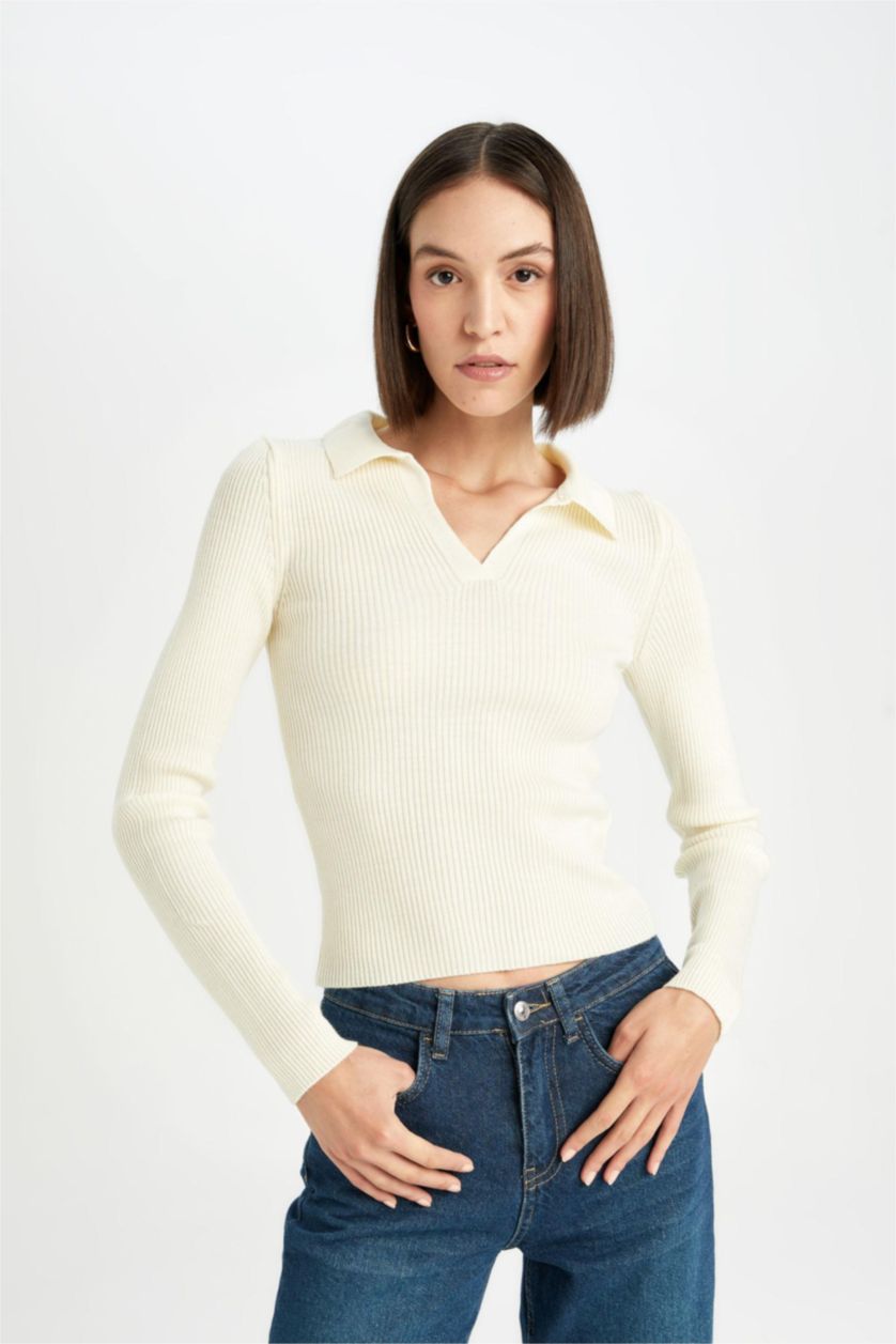 Women Ecru Slim Fit Ribana Pullover