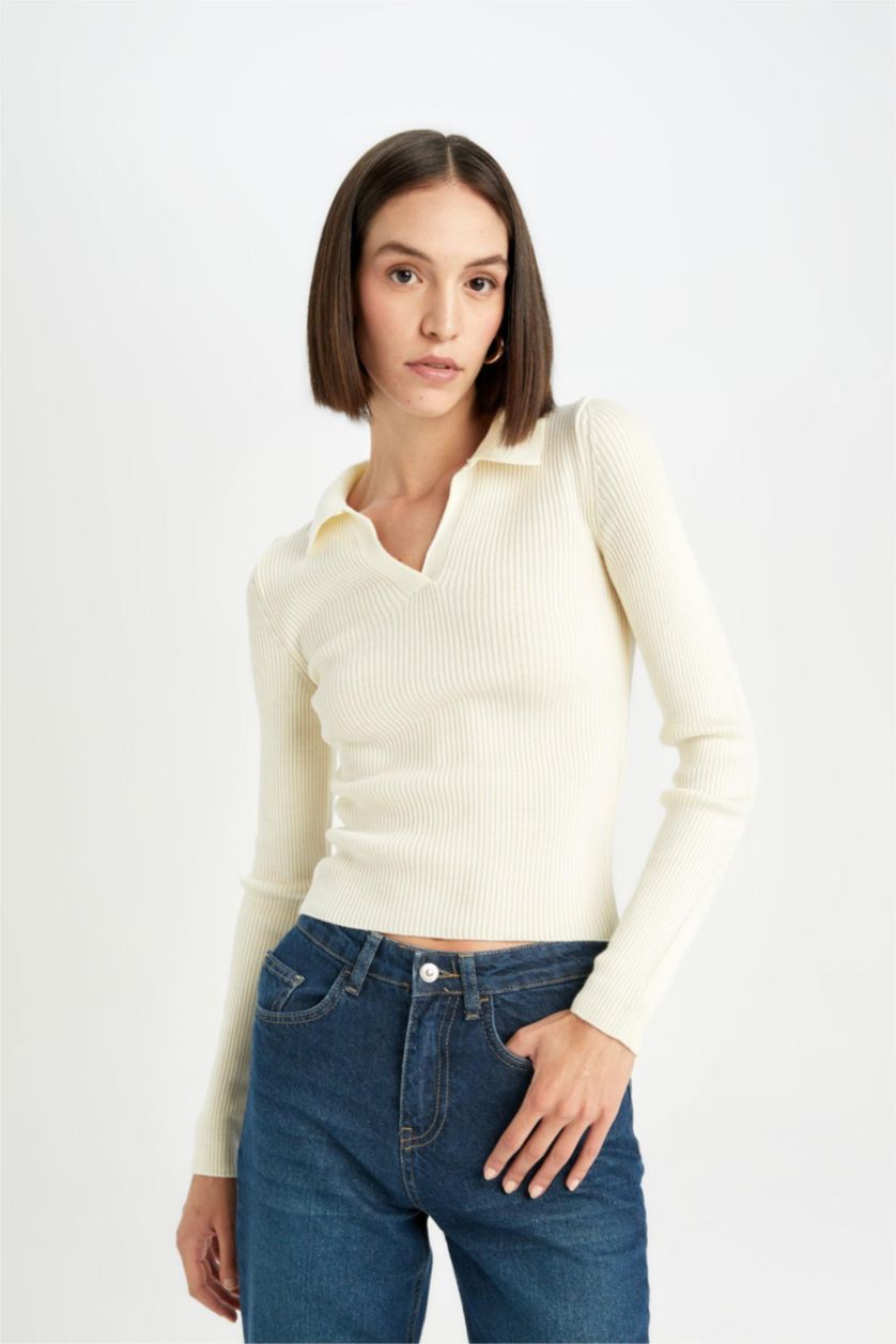 Women Ecru Slim Fit Ribana Pullover