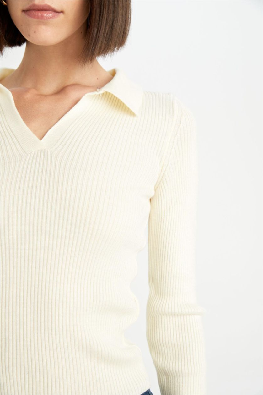 Women Ecru Slim Fit Ribana Pullover