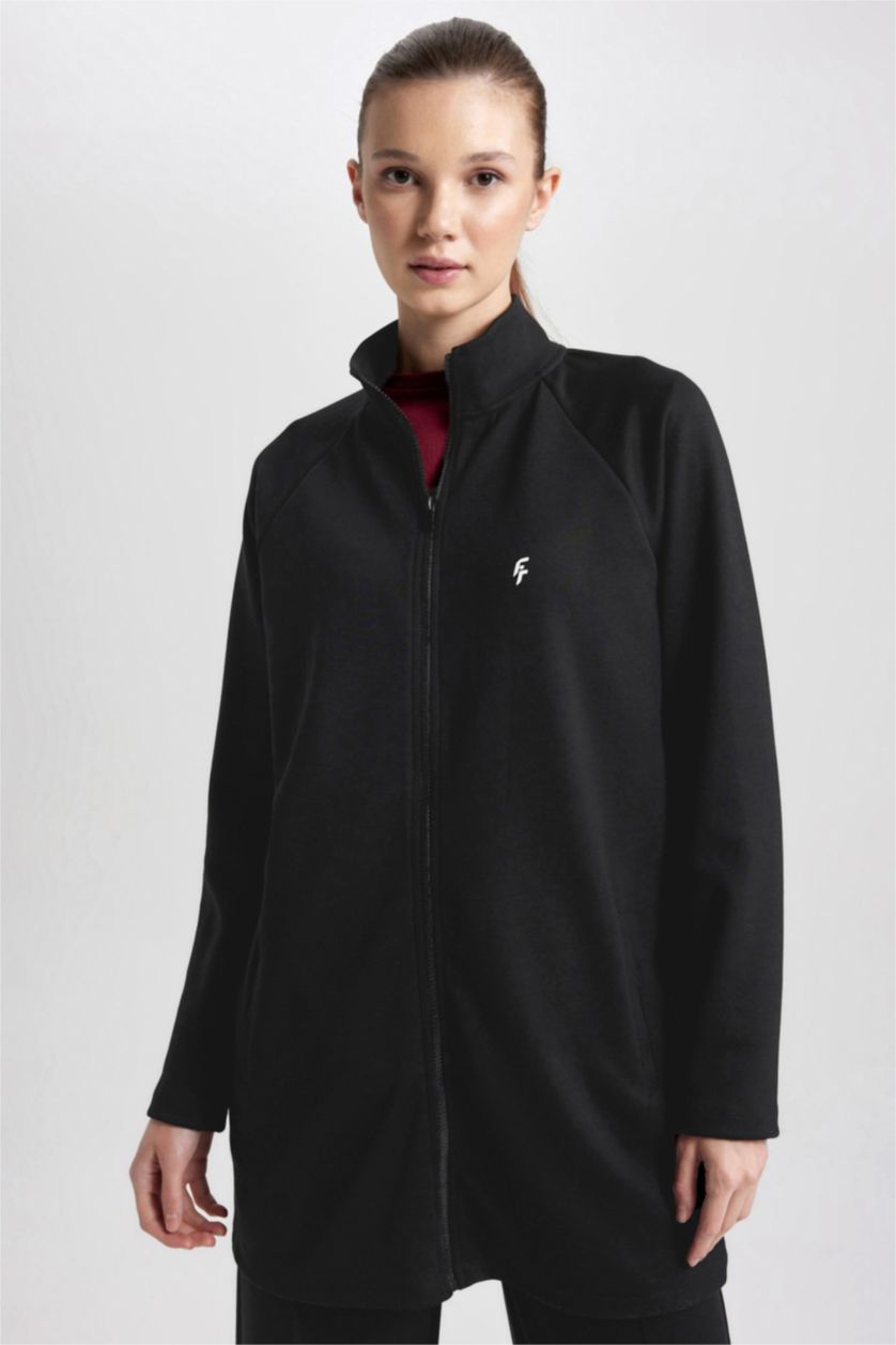 Kadın Siyah Long Fit Fleto Cepli Skuba Dalgıç Kumaş Sporcu Tunik Hırka