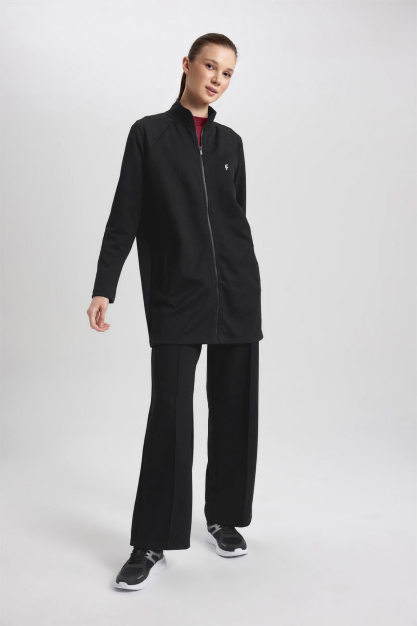 Kadın Siyah Long Fit Fleto Cepli Skuba Dalgıç Kumaş Sporcu Tunik Hırka