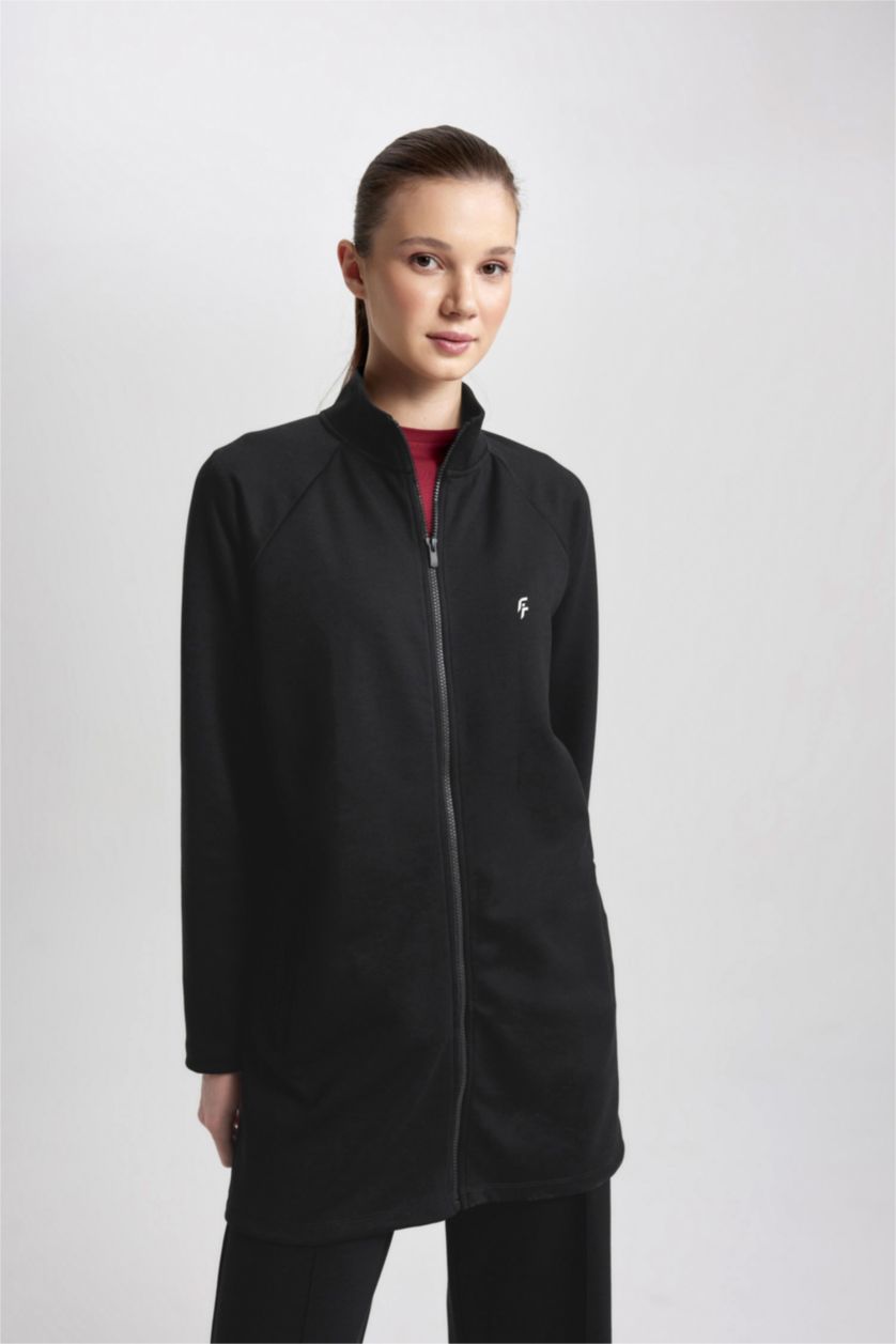 Kadın Siyah Long Fit Fleto Cepli Skuba Dalgıç Kumaş Sporcu Tunik Hırka