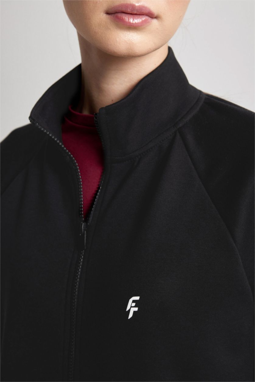 Kadın Siyah Long Fit Fleto Cepli Skuba Dalgıç Kumaş Sporcu Tunik Hırka